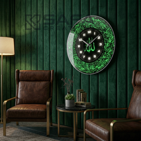 Green LED Islamic wall clock featuring Arabic calligraphy Ayatul Kursi for home decor