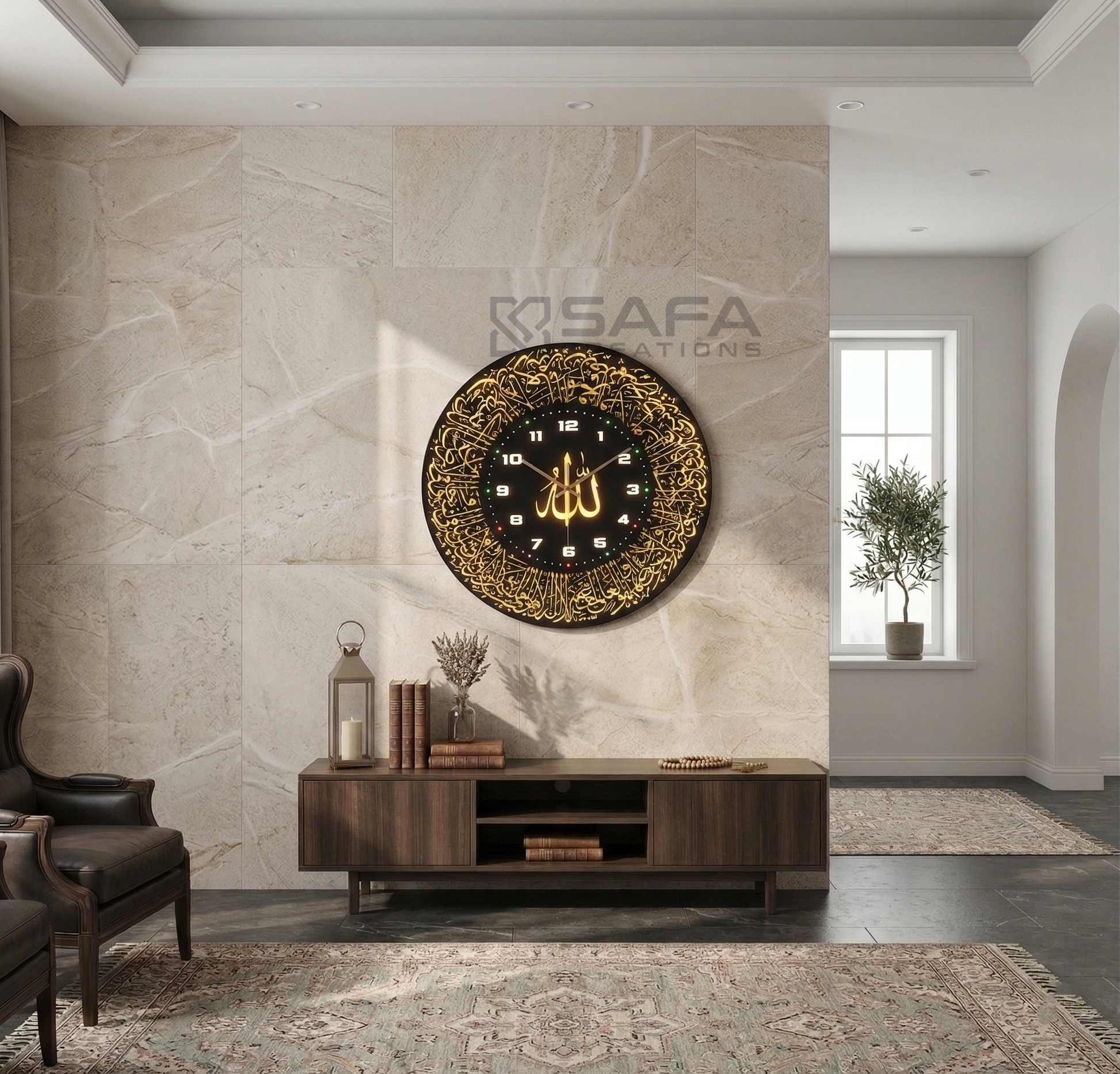 Ayatul Kursi Islamic LED wall clock with yellow backlight on acrylic panel
