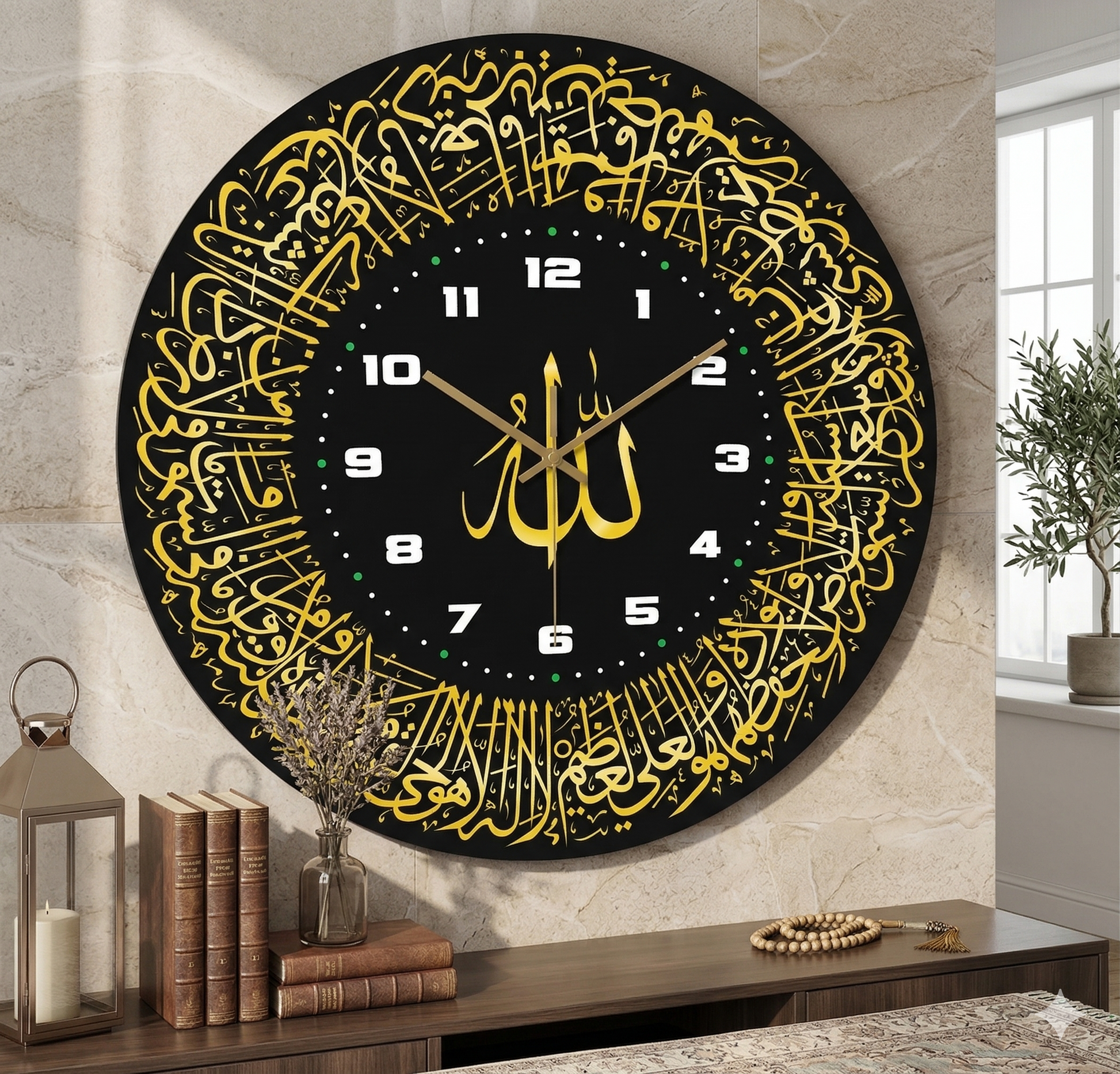 Yellow LED Islamic wall clock featuring Arabic calligraphy Ayatul Kursi