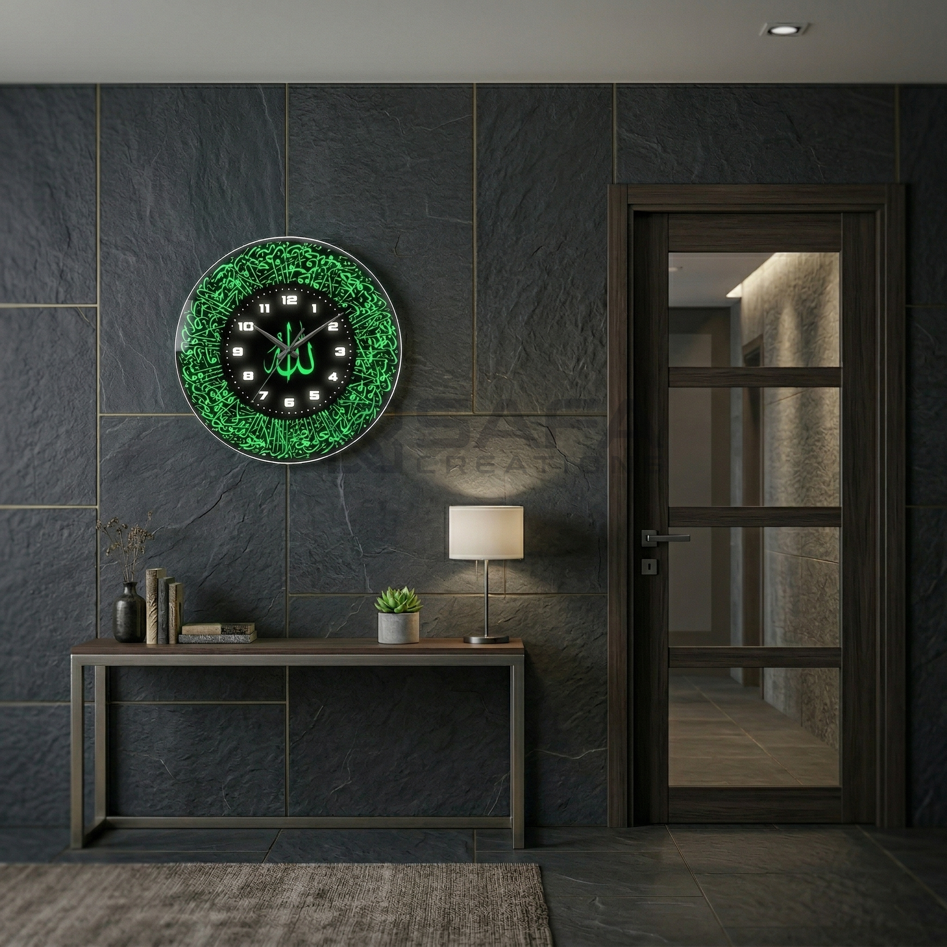 Ayatul Kursi Islamic LED wall clock with green backlight on premium acrylic panel