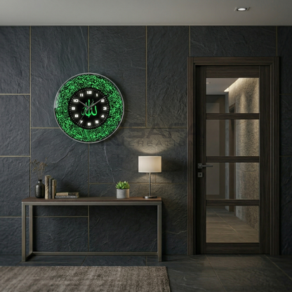 Ayatul Kursi Islamic LED wall clock with green backlight on premium acrylic panel
